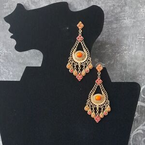 Elegant Orange & Goldtone Chandelier Earrings